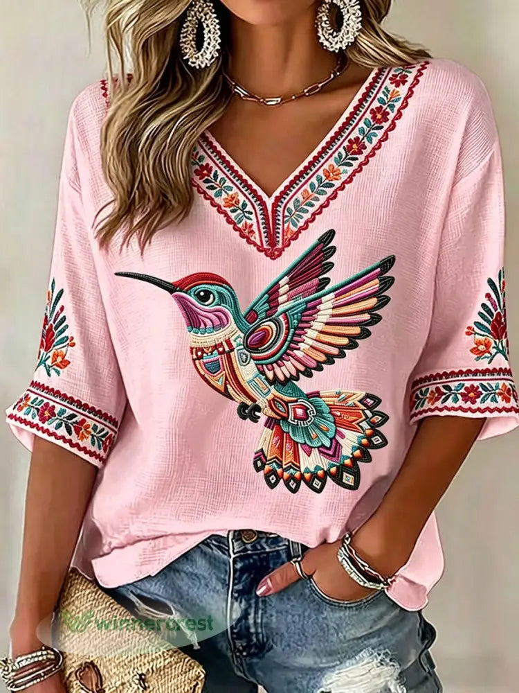 Women’s Indigenous Hummingbird Art V-Neck Tops - Pink / S