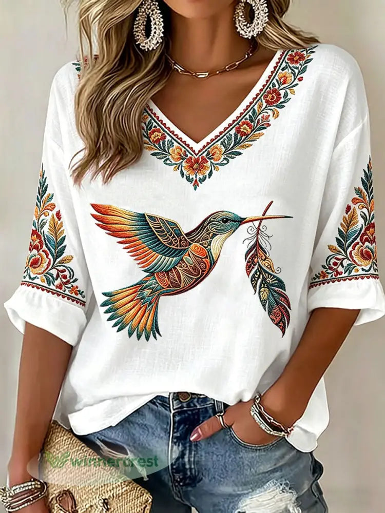 Women’s Indigenous Hummingbird Art V-Neck Tops - White / S