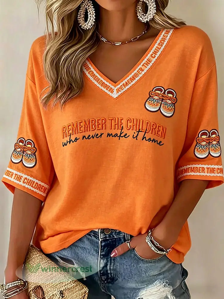 Women’s Indigenous ’Remember the Children’ V-Neck Tops - Orange / S