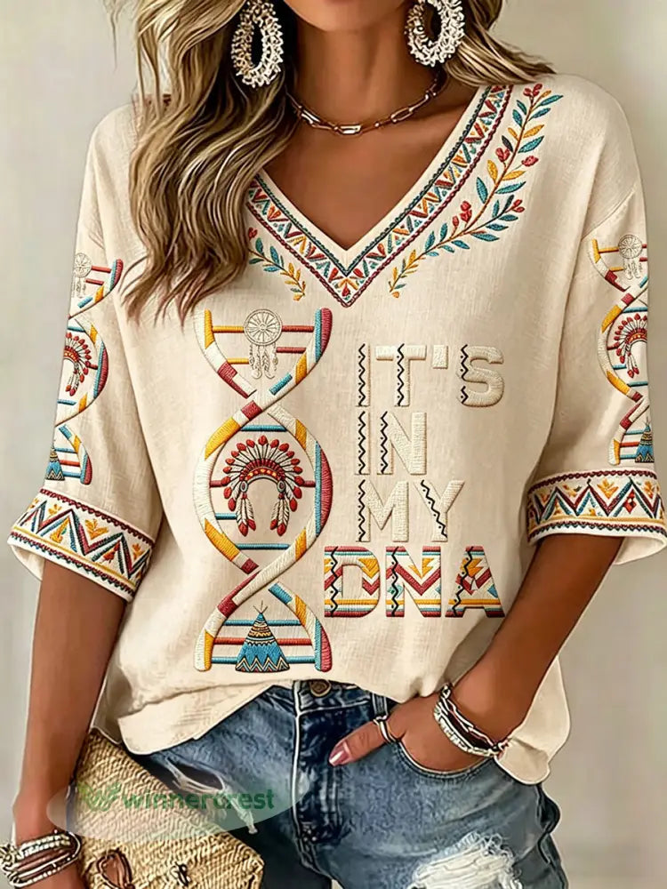 Women’s ’It’s In My DNA’ Indigenous V-Neck Tops - Apricot / S