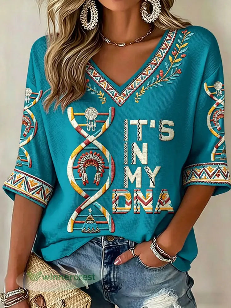 Women’s ’It’s In My DNA’ Indigenous V-Neck Tops - Aqua Blue / S