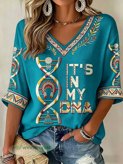 Women’s ’It’s In My DNA’ Indigenous V-Neck Tops - Aqua Blue / S
