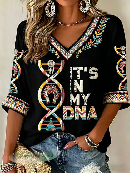 Women’s ’It’s In My DNA’ Indigenous V-Neck Tops - Black / S