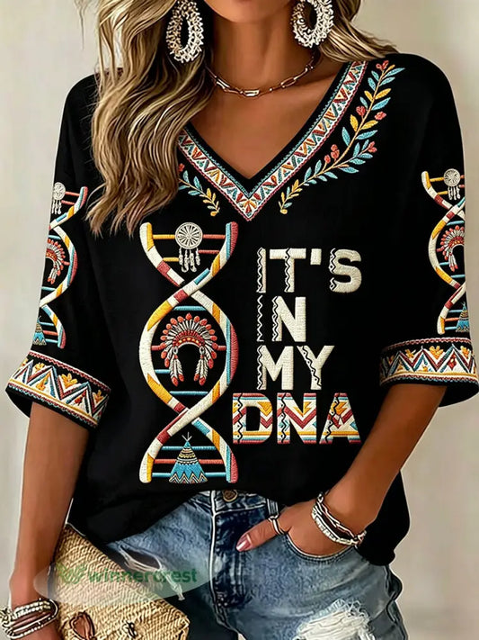 Women’s ’It’s In My DNA’ Indigenous V-Neck Tops - Black / S