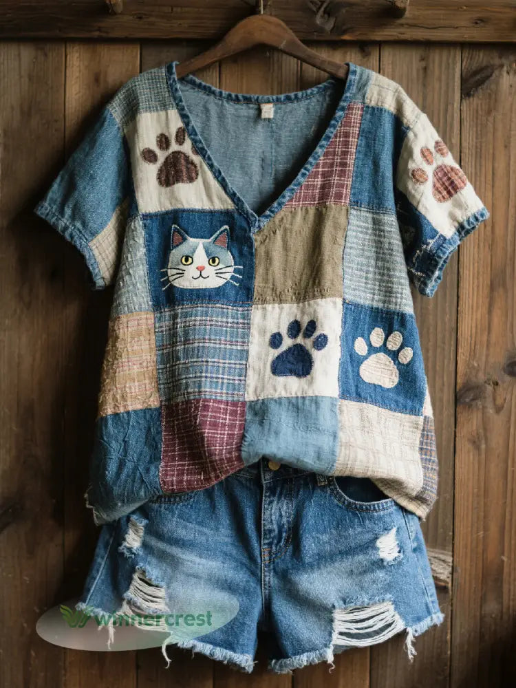 Women’s Lovely Cat Patchwork Art V-Neck Top - Blue / S