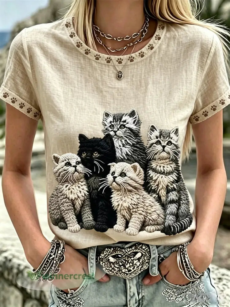 Women’s Lovely Cats Art & Paw Prints O-Neck Linen Short Sleeves Top - As picture / S