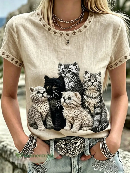 Women’s Lovely Cats Art & Paw Prints O-Neck Linen Short Sleeves Top - As picture / S