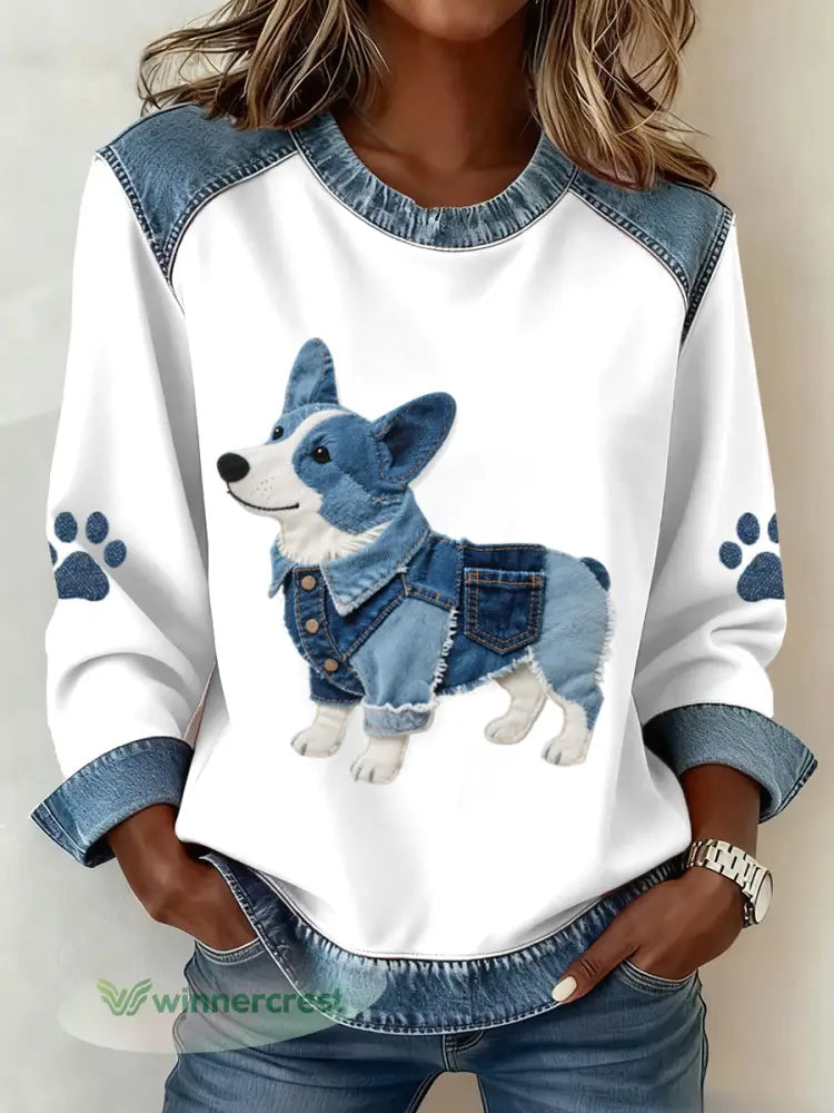 Women’s Lovely Corgi Dog Pattern Denim Patchwork Sweatshirt - As picture / S
