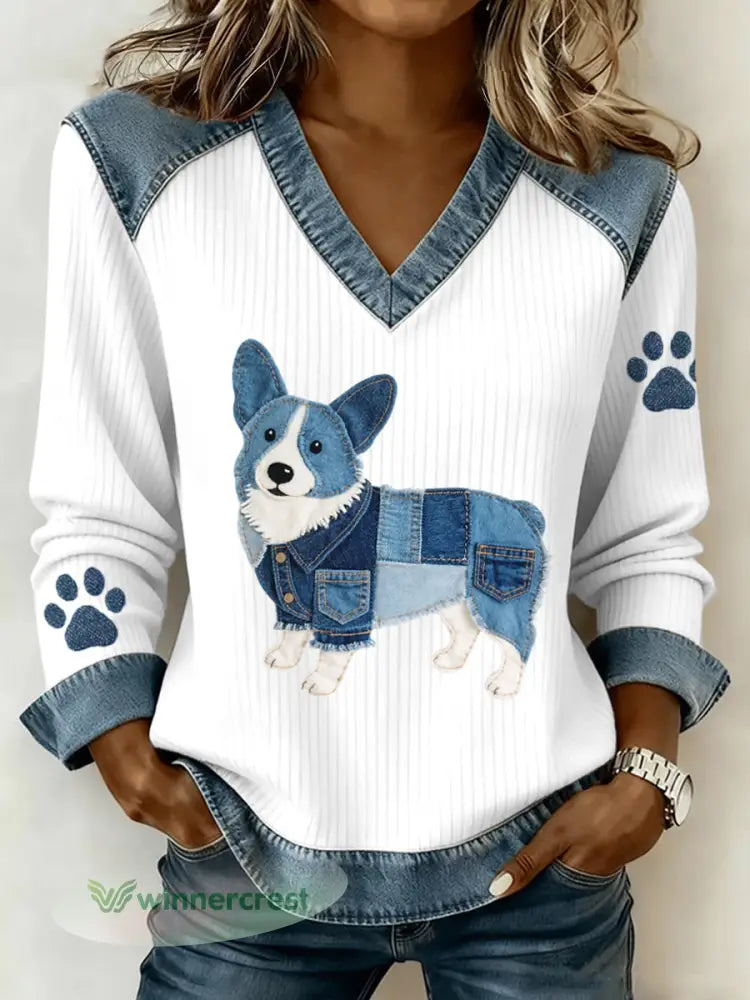 Women’s Lovely Corgi Dog Pattern Denim Patchwork V-Neck Top - As picture / S