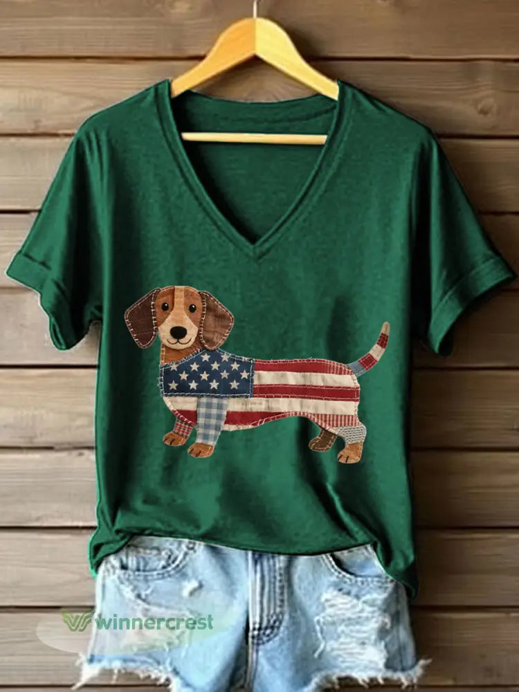 Women’s Lovely Dachshund Patchwork Pattern V-Neck T-Shirt - Dark Green / S