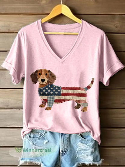 Women’s Lovely Dachshund Patchwork Pattern V-Neck T-Shirt - Pink / S