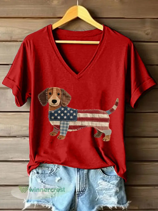 Women’s Lovely Dachshund Patchwork Pattern V-Neck T-Shirt - Red / S