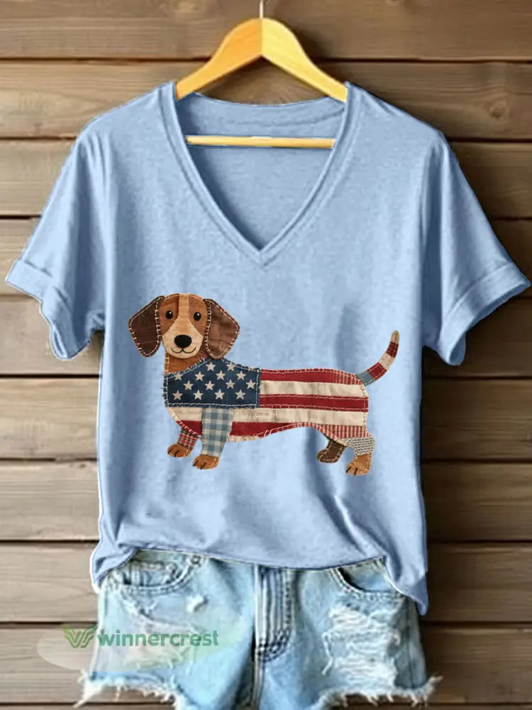 Women’s Lovely Dachshund Patchwork Pattern V-Neck T-Shirt - Sky Blue / S