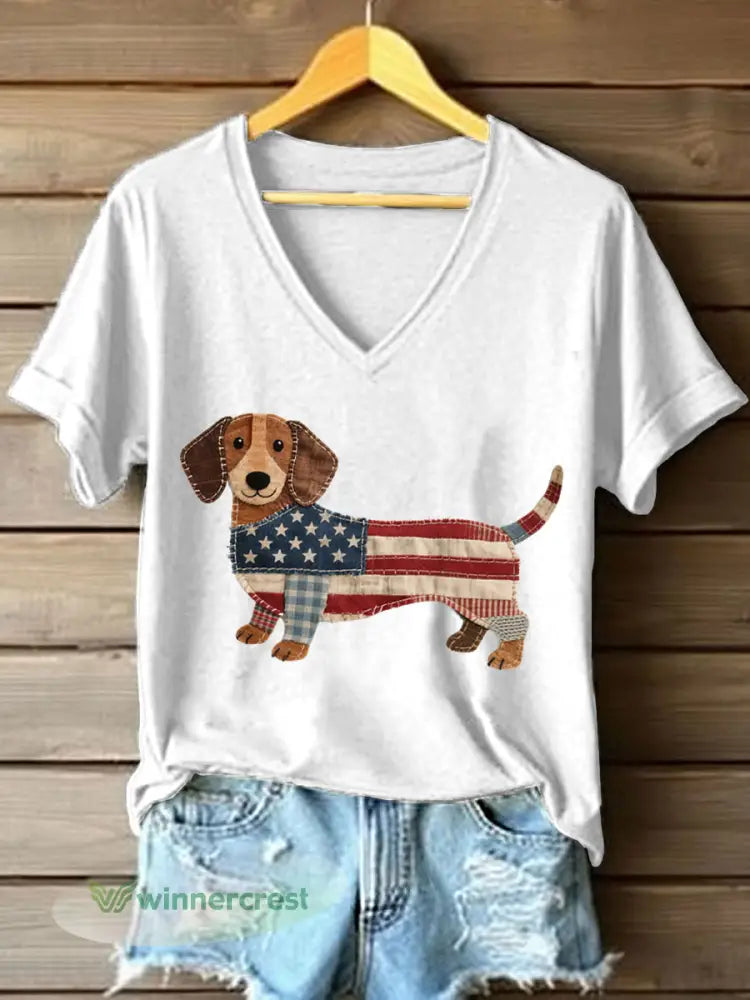 Women’s Lovely Dachshund Patchwork Pattern V-Neck T-Shirt - White / S