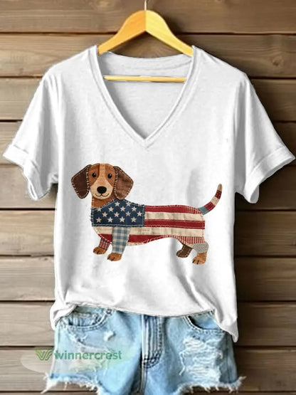 Women’s Lovely Dachshund Patchwork Pattern V-Neck T-Shirt - White / S
