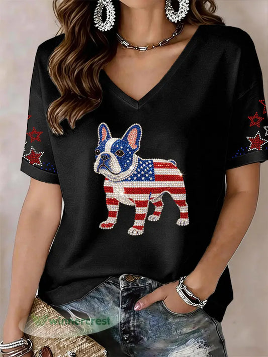 Women’s Lovely French Bulldog Rhinestone Pattern V-Neck T-Shirt - Black / S