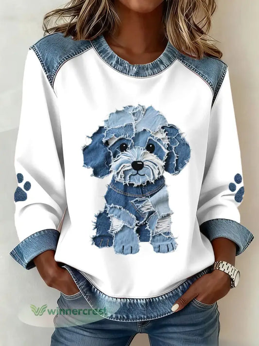 Women’s Lovely Furry Dog Pattern Denim Patchwork Art Sweatshirt - White / S