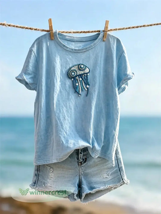 Women’s Lovely Jellyfish Beaded Art Print Print short-sleeved T-shirt - Blue / S
