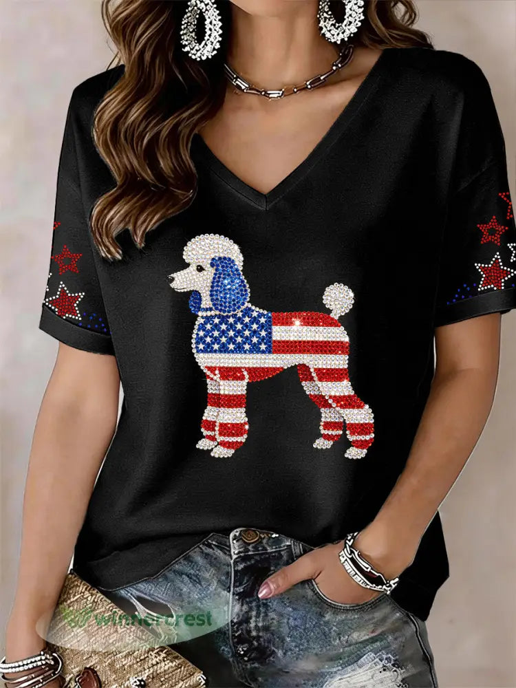 Women’s Lovely Poodle Dog Rhinestone Pattern V-Neck T-Shirt - Black / S