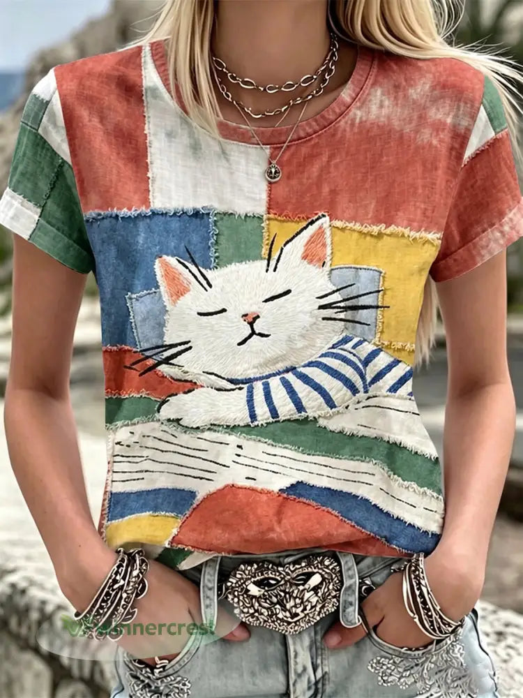 Women’s Lovely Sleeping Cat Striped Patchwork Cotton Linen Crew Neck Short Sleeve Top - As picture / S