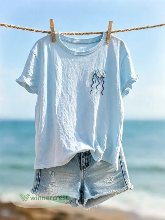 Women’s Lovely Tiny Jellyfish Art Print short-sleeved T-shirt - Blue / S