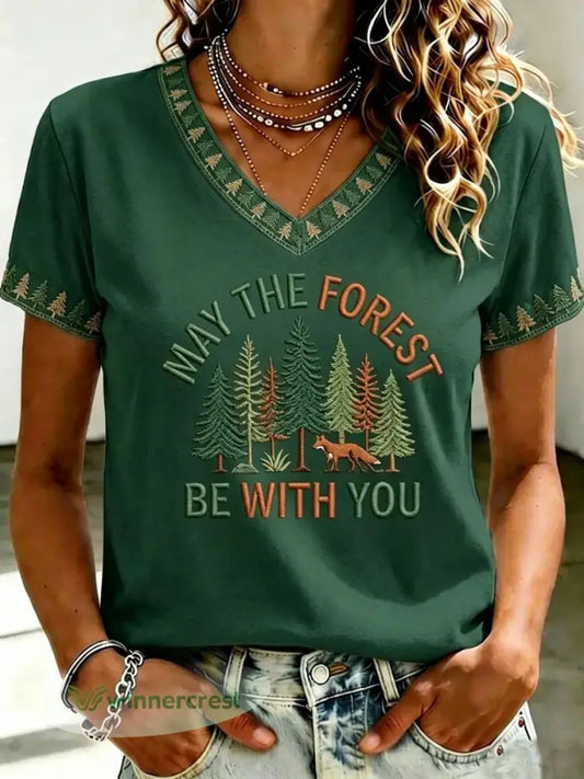 Women’s May The Forest Be With You Print T-shirt - Dark Green / S