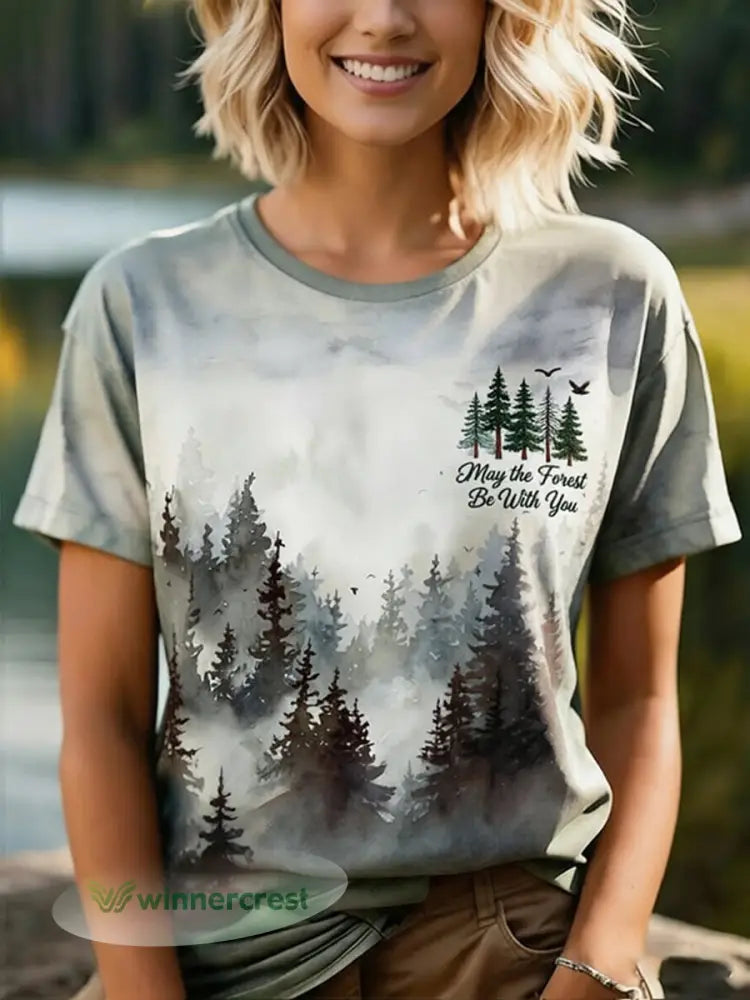 Women’s May The Forest Be With You Printed Casual T-Shirt - Gray / S
