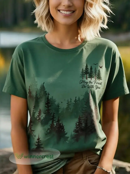 Women’s May The Forest Be With You Printed Casual T-Shirt - Green / S