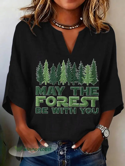 Women’s May The Forest Be With You Printed V-Neck Shirt - Black / S