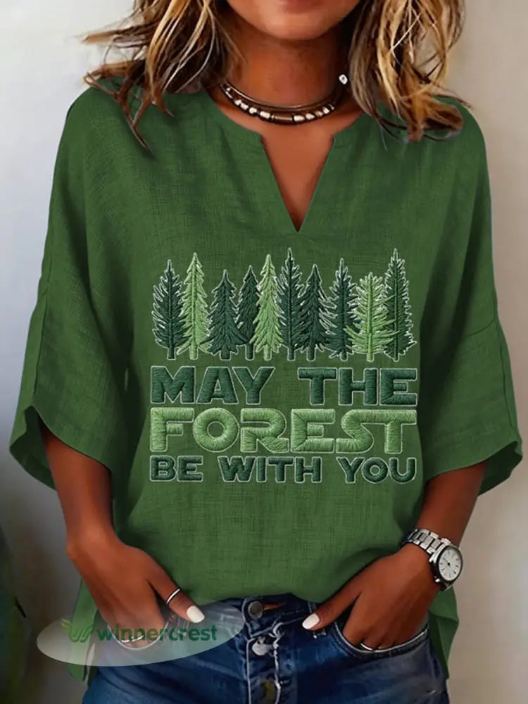 Women’s May The Forest Be With You Printed V-Neck Shirt - Green / S