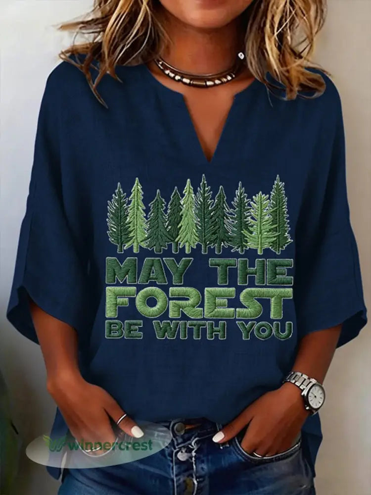 Women’s May The Forest Be With You Printed V-Neck Shirt - Navy Blue / S
