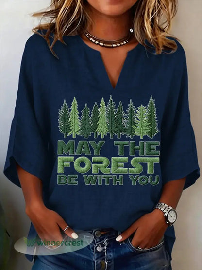 Women’s May The Forest Be With You Printed V-Neck Shirt - Navy Blue / S