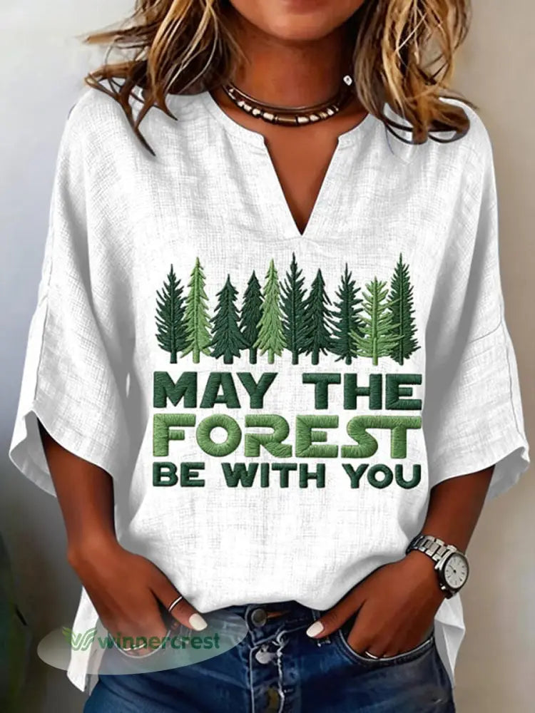 Women’s May The Forest Be With You Printed V-Neck Shirt - White / S