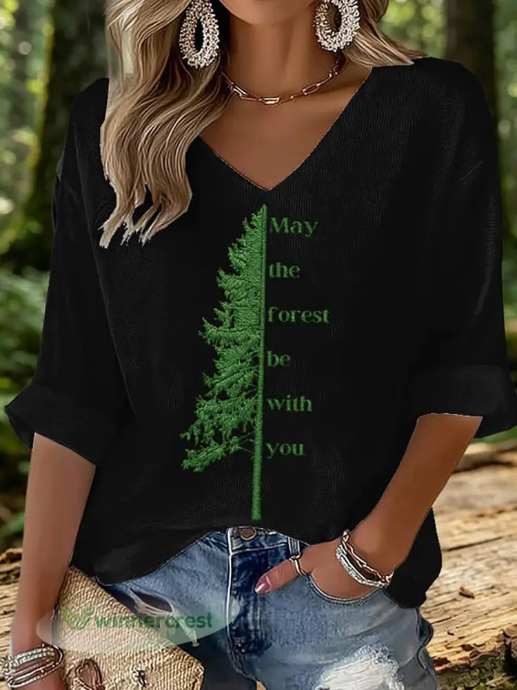 Women’s May The Forest Be With You Printed Waffle T-shirt - Black / S