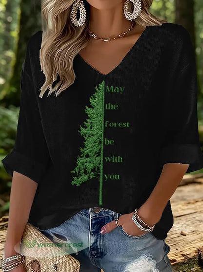 Women’s May The Forest Be With You Printed Waffle T-shirt - Black / S