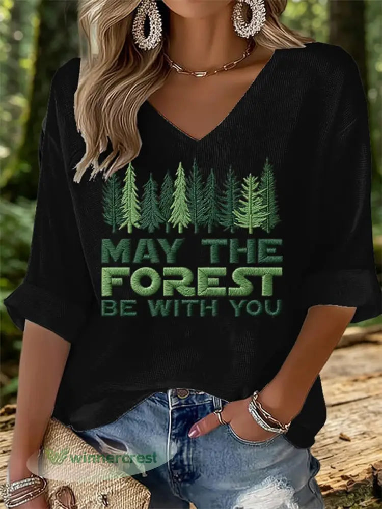 Women’s May The Forest Be With You Printed Waffle T-shirt - Black / S