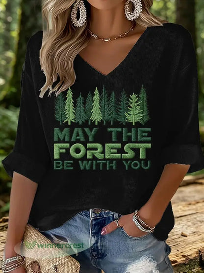 Women’s May The Forest Be With You Printed Waffle T-shirt - Black / S