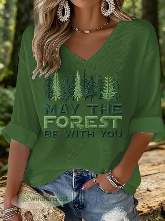 Women’s May The Forest Be With You Printed Waffle T-shirt - Green / S