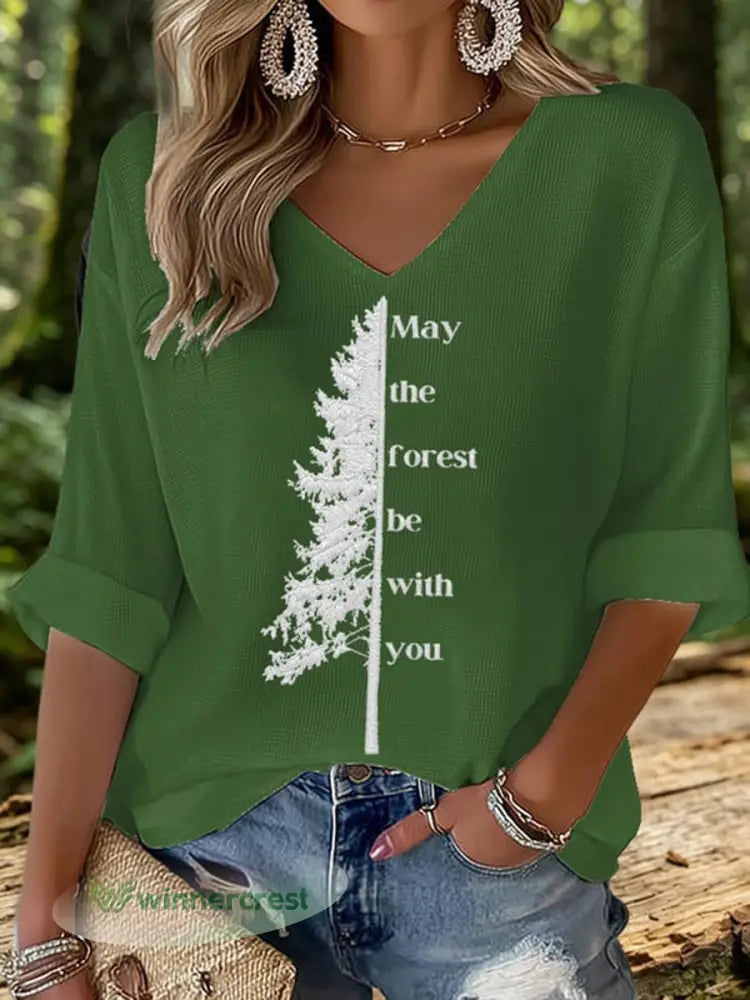 Women’s May The Forest Be With You Printed Waffle T-shirt - Green / S