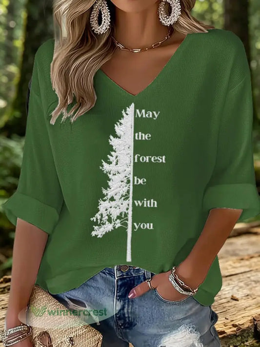 Women’s May The Forest Be With You Printed Waffle T-shirt - Green / S