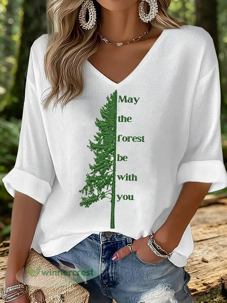Women’s May The Forest Be With You Printed Waffle T-shirt - White / S