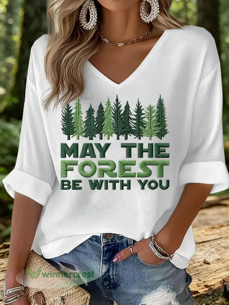 Women’s May The Forest Be With You Printed Waffle T-shirt - White / S