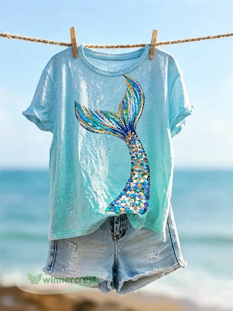 Women’s Mermaid Tail Glitter Art Print Gradient short-sleeved T-shirt - Blue / S