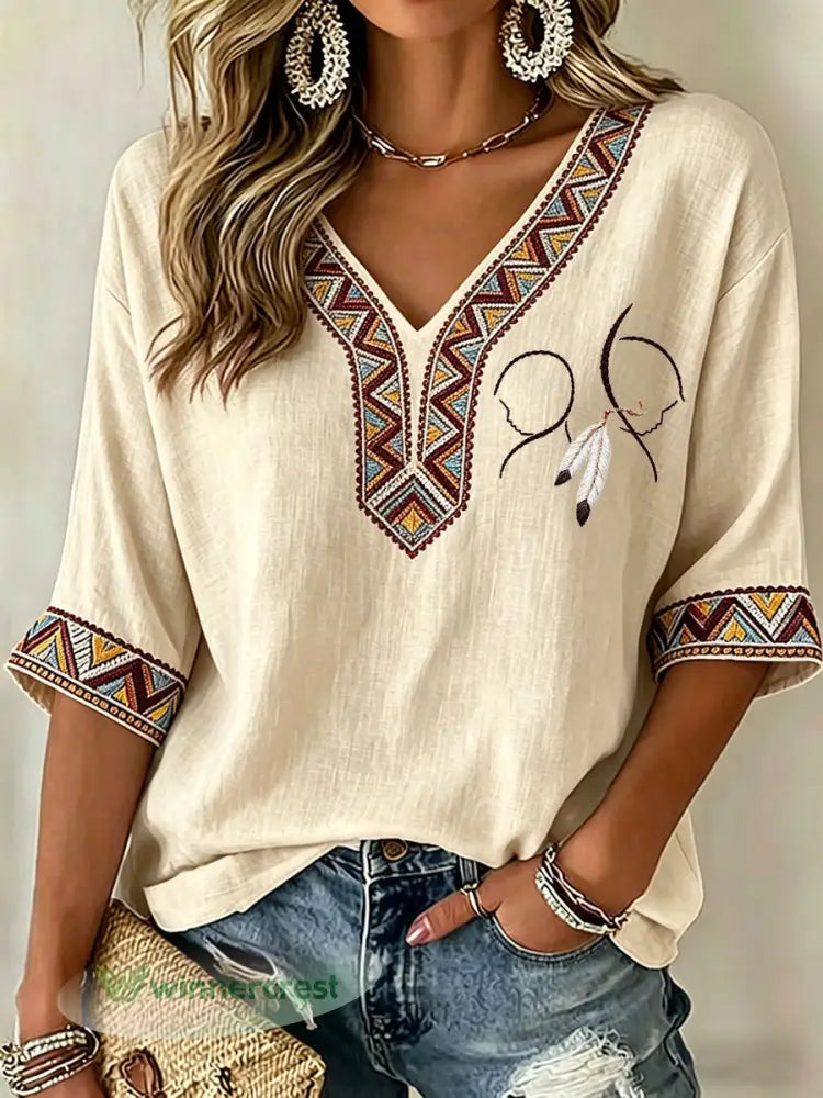 Women’s Native Art V-Neck Tops - Apricot / S