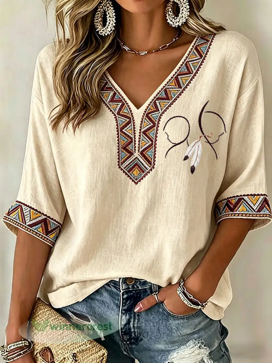 Women’s Native Art V-Neck Tops - Apricot / S