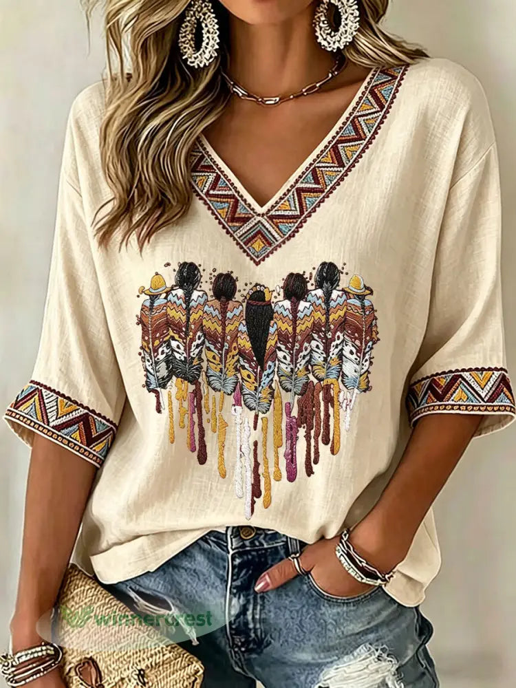 Women’s Native Art V-Neck Tops - Apricot / S