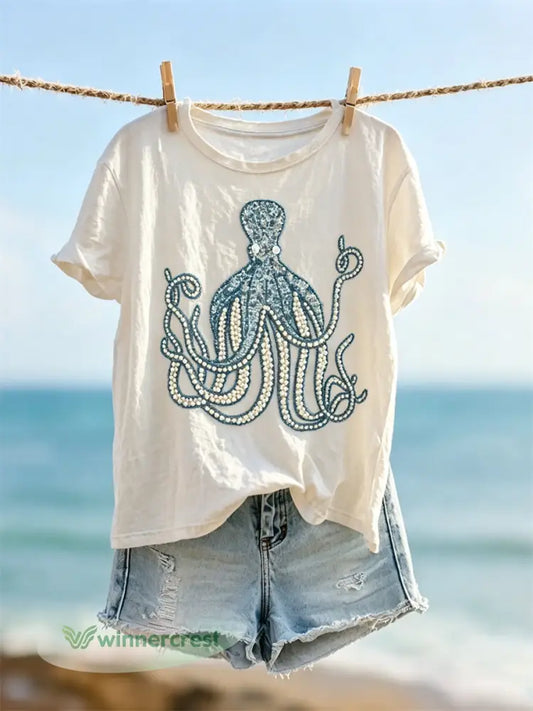 Women’s Octopus Beaded Art Print short-sleeved T-shirt - White / S