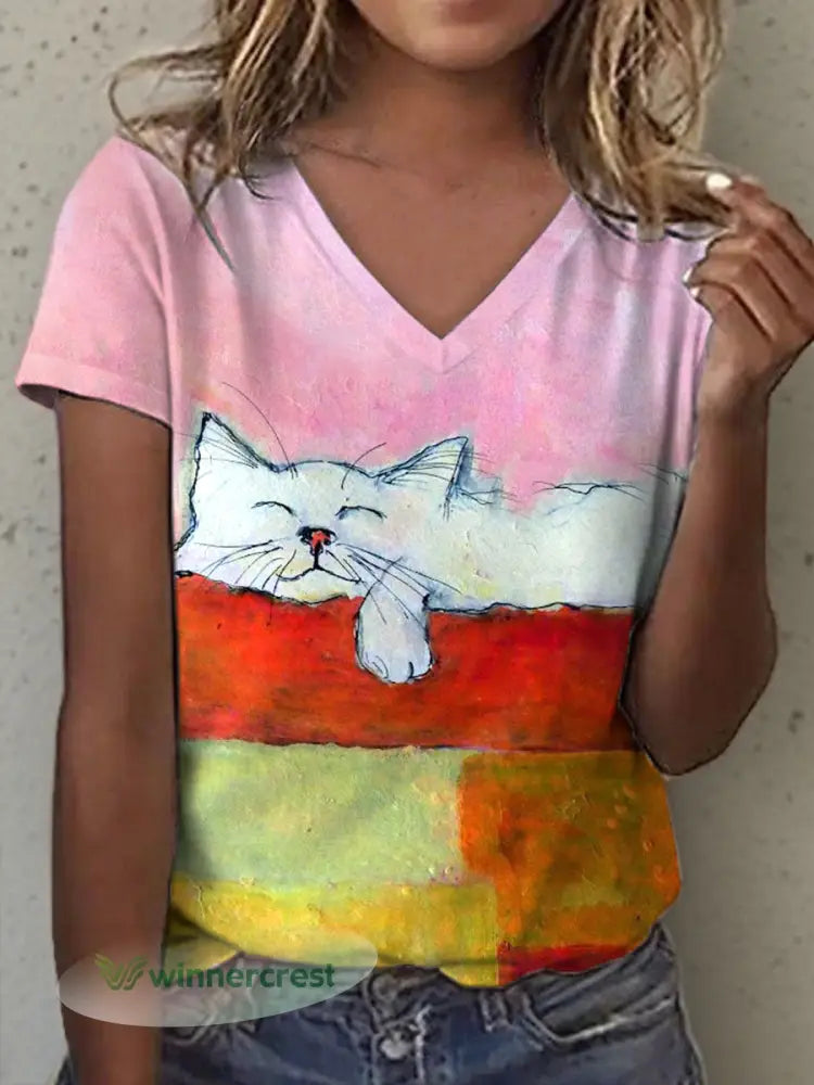 Women’s Oil Painting Art Cat Print V-Neck T-Shirt - As picture / S