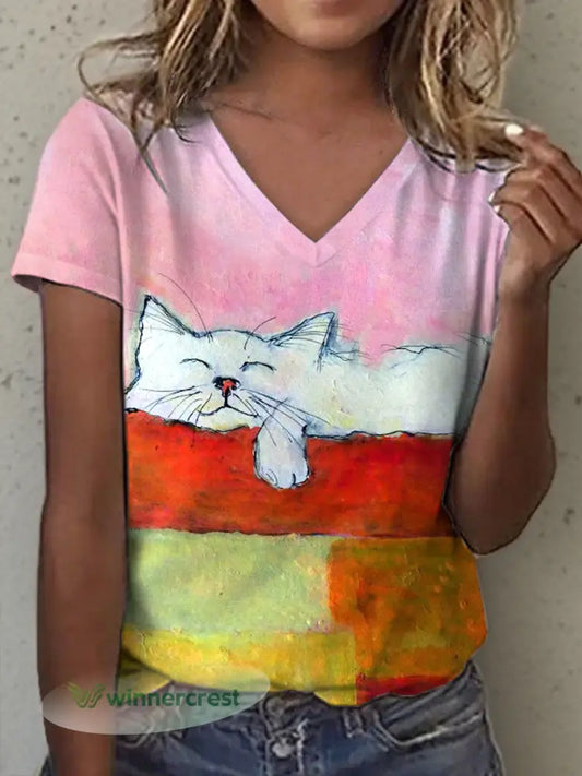 Women’s Oil Painting Art Cat Print V-Neck T-Shirt - As picture / S