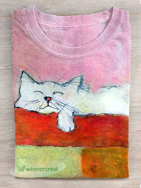 Women’s Oil Painting Art Cat Print Washed T-Shirt - As picture / S